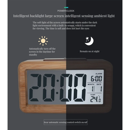 Wooden Digital Alarm Clock, LED Alarm Clock with Date Display, Temperature for Bedrooms, Beside, Table, Desk, BATTERY POWERED