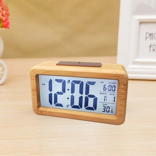 Wooden Digital Alarm Clock, LED Alarm Clock with Date Display, Temperature for Bedrooms, Beside, Table, Desk, BATTERY POWERED