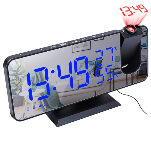 Projection Alarm Clock , Radio Digital Alarm Clock 4 Dimmer & 180° Rotable & 2 Sounds 7.3'' Large Mirror Display Black-Blue