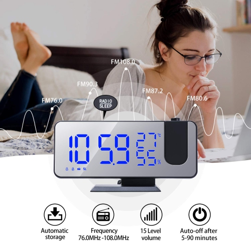 Projection Alarm Clock , Radio Digital Alarm Clock 4 Dimmer & 180° Rotable & 2 Sounds 7.3'' Large Mirror Display Black-Blue