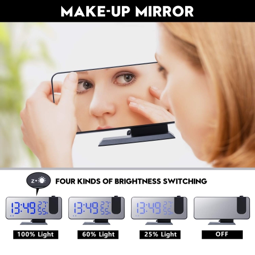 Projection Alarm Clock , Radio Digital Alarm Clock 4 Dimmer & 180° Rotable & 2 Sounds 7.3'' Large Mirror Display Black-Blue