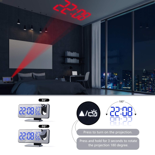 Projection Alarm Clock , Radio Digital Alarm Clock 4 Dimmer & 180° Rotable & 2 Sounds 7.3'' Large Mirror Display Black-Blue