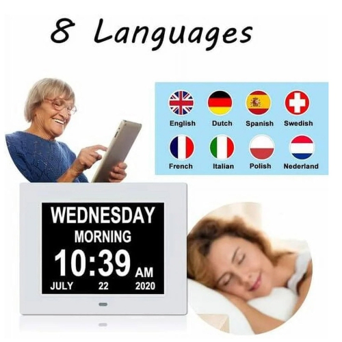 Horloge de 7&nbsp;po avec jour et date pour personnes âgées Horloge numérique grand écran, Réveil-matin pour personnes âgées Blanc