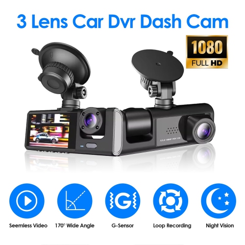 Dash Camera for Car Security Camera 3 Channel Dashcam Front and Rear Inside 1080P with 2 Inch Screen, Loop Recording, G-Sensor