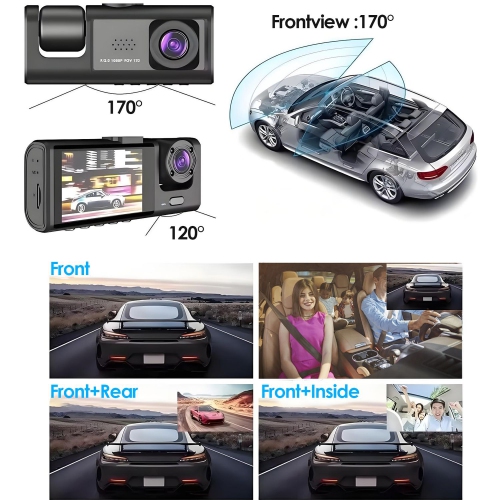 Dash Camera for Car Security Camera 3 Channel Dashcam Front and Rear Inside 1080P with 2 Inch Screen, Loop Recording, G-Sensor