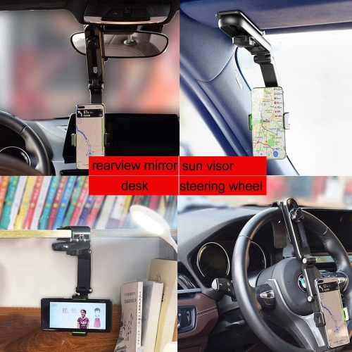 Sun Visor Car Phone Holder, Multi-Function Phone Holder Universal Adjustable Arm 360° Rotating Car Clip Holder Suitable for Sun Visor Rearview Mirror