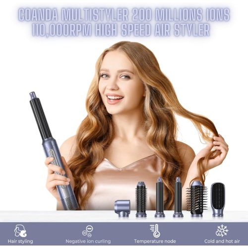 Outils multifonctions pour cheveux Sèche-cheveux 6 en 1, Fer à friser, Peigne lissant, Fer à friser automatique, Séchoir coiffant à air – Avec fil