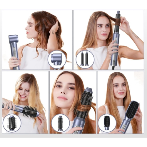 Outils multifonctions pour cheveux Sèche-cheveux 6 en 1, Fer à friser, Peigne lissant, Fer à friser automatique, Séchoir coiffant à air – Avec fil