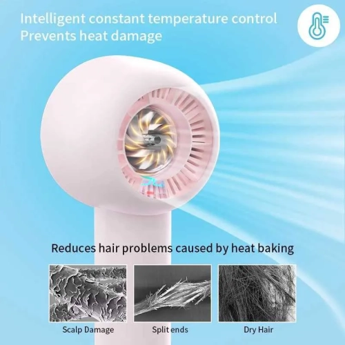 Hair dryer 1400W, high power, travel hair dryer, high speed hair dryer with strong wind and no hair damage, negative ions - pink