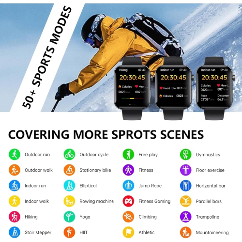 Montre intelligente de 2,1 po avec ECG/suivi de l'oxygène sanguin/de la pression, 52 modes de sport, longue autonomie, étanche IP67 - compatible
