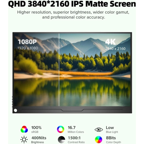 UPERFECT 14" 4K 60Hz Portable Gaming Monitor USB C Screen UHD Travel Monitor for Laptop, 3840P×2160P IPS Screen