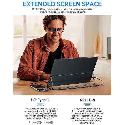 UPERFECT 15.6-Inch Portable Monitor with HDMI, USB-C, USB-A, Full HD 1920x1080, IPS Panel, and Adjustable Stand for Laptops & Smartphones