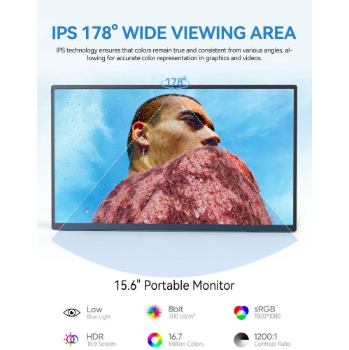 UPERFECT 15.6-Inch Portable Monitor with HDMI, USB-C, USB-A, Full HD 1920x1080, IPS Panel, and Adjustable Stand for Laptops & Smartphones