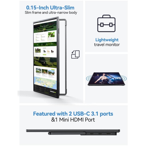 UPERFECT 15.6-Inch Portable Monitor with HDMI, USB-C, USB-A, Full HD 1920x1080, IPS Panel, and Adjustable Stand for Laptops & Smartphones