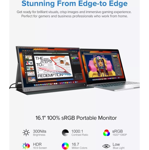 UPERFECT Portable Monitor 16.1'' 144Hz Portable Gaming Monitor 100% sRGB 1080P HDR FHD Kickstand Screen