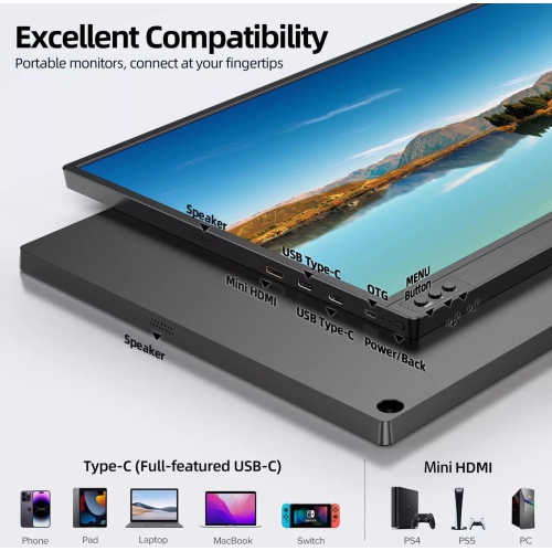 UPERFECT Portable Monitor 16.1'' 144Hz Portable Gaming Monitor 100% sRGB 1080P HDR FHD Kickstand Screen