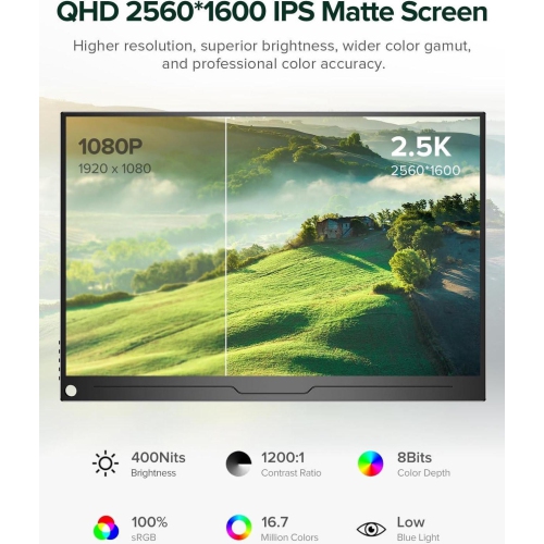 UPERFECT 16" Portable Monitor 2K 144HZ HDR FreeSync Portable Gaming Monitor w/VESA & Smart Case Matte IPS Eye Care External Second Screen For Laptop,