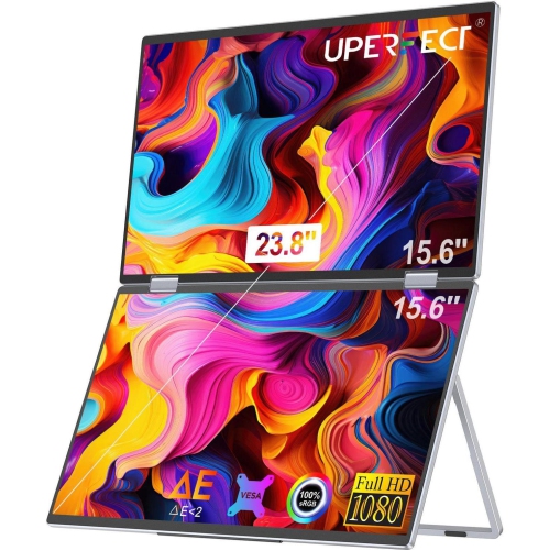 UPERFECT 15.6" 1080P Dual Portable Monitor, Fold Gaming Monitor Portable Display For Laptop Screen Extender Bult-in Stand VESA