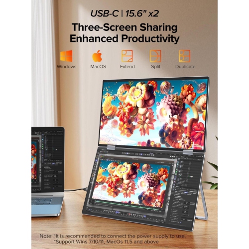 UPERFECT 15.6" 1080P Dual Portable Monitor, Fold Gaming Monitor Portable Display For Laptop Screen Extender Bult-in Stand VESA