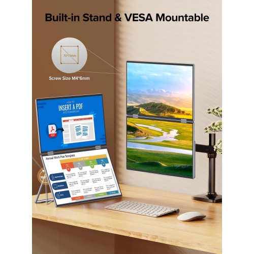 UPERFECT 15.6" 1080P Dual Portable Monitor, Fold Gaming Monitor Portable Display For Laptop Screen Extender Bult-in Stand VESA