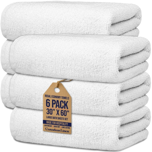 Image 1 of 9.. Canadian Linen Regal Economy Large Bath Sheet Towels, 30"x60" 6 Pack White, Soft Absorbent Cotton Bath Towel Set Lightweight Quick Dry Oversized
