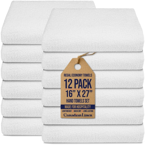 Image 1 of 9.. Canadian Linen Regal Economy White Hand Towels Set, 16"x27" 12 Pack, Absorbent Cotton Bathroom Towel, Lightweight Quick Dry Wrap Towel for Cleaning