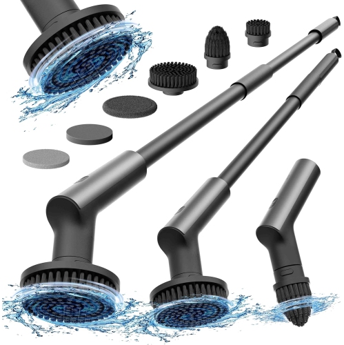 HOTO  Electric Spin Scrubber - Rechargeable Shower Scrubber w 6 Brush Heads, Extension Pole, Ipx7 Waterproof, Dual Speed, Ideal for Bathroom