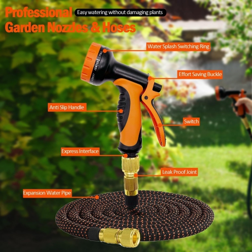 50FT Expandable Garden Hose, Flexible Expandable Garden Hose with 10 Functions Spray Nozzle, with 3/4" 1/2" Connectors, Durable Latex Water Pipe