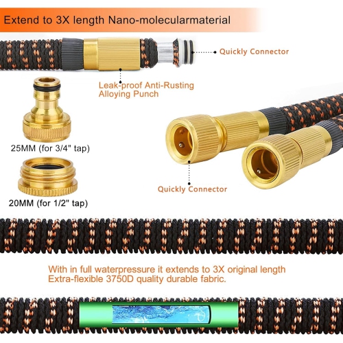 50FT Expandable Garden Hose, Flexible Expandable Garden Hose with 10 Functions Spray Nozzle, with 3/4" 1/2" Connectors, Durable Latex Water Pipe