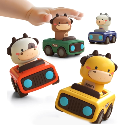 4-Pack Push Animal Racing Car Set, Push-Pull Inertia Car Toy for 1-Year-Old Boy Birthday Gift