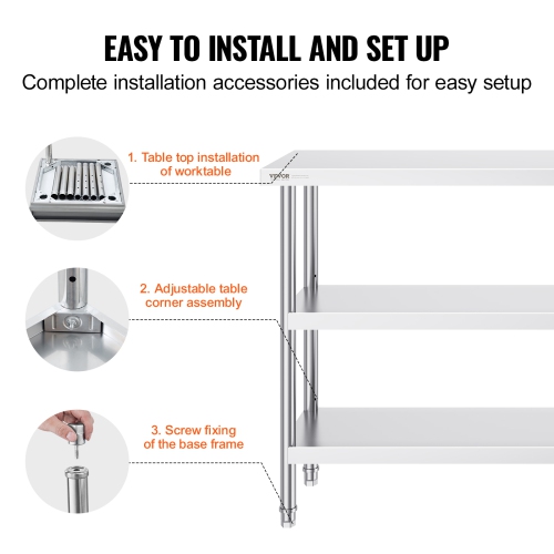VEVOR 14 x 60 x 34 Inch Stainless Steel Food Prep Table, Commercial Kitchen Worktable, with 2 Adjustable Undershelf, Heavy Duty Prep Table Metal Work