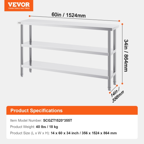 VEVOR 14 x 60 x 34 Inch Stainless Steel Food Prep Table, Commercial Kitchen Worktable, with 2 Adjustable Undershelf, Heavy Duty Prep Table Metal Work