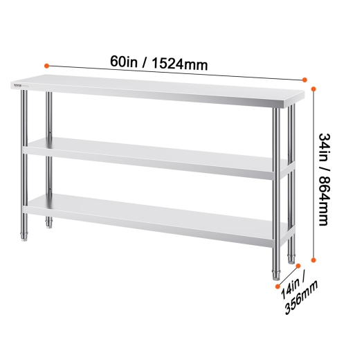 VEVOR 14 x 60 x 34 Inch Stainless Steel Food Prep Table, Commercial Kitchen Worktable, with 2 Adjustable Undershelf, Heavy Duty Prep Table Metal Work