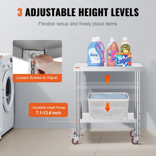 VEVOR 30 x 12 x 34 Inch Stainless Steel Work Table, 700 LBS Load Capacity with 4 Wheels, 3 Adjustable Height Levels, Heavy Duty Food Prep Worktable