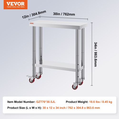 VEVOR 30 x 12 x 34 Inch Stainless Steel Work Table, 700 LBS Load Capacity with 4 Wheels, 3 Adjustable Height Levels, Heavy Duty Food Prep Worktable