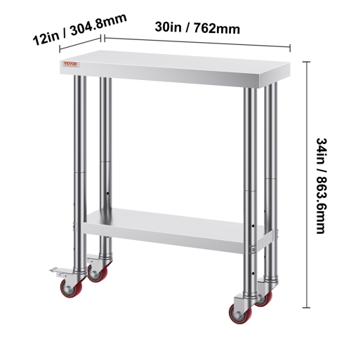 VEVOR 30 x 12 x 34 Inch Stainless Steel Work Table, 700 LBS Load Capacity with 4 Wheels, 3 Adjustable Height Levels, Heavy Duty Food Prep Worktable