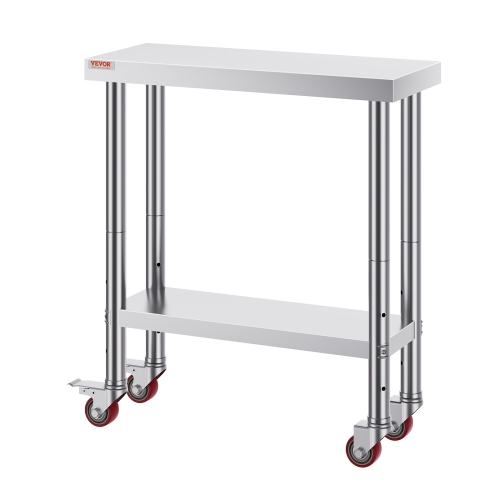 VEVOR 30 x 12 x 34 Inch Stainless Steel Work Table, 700 LBS Load Capacity with 4 Wheels, 3 Adjustable Height Levels, Heavy Duty Food Prep Worktable