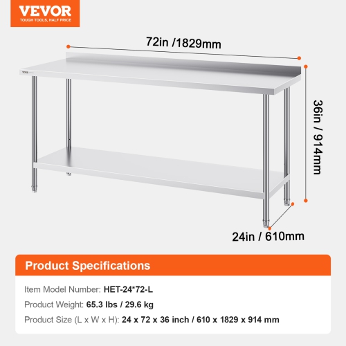 VEVOR 24 x 72 x 36 Inch Stainless Steel Work Table, Commercial Food Prep Worktable Heavy Duty Prep Worktable, Metal Work Table with Adjustable Height