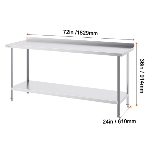 VEVOR 24 x 72 x 36 Inch Stainless Steel Work Table, Commercial Food Prep Worktable Heavy Duty Prep Worktable, Metal Work Table with Adjustable Height