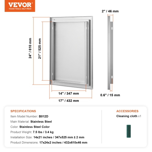 VEVOR 17W x 24H Inch BBQ Access Door, Single Outdoor Kitchen Door, Stainless Steel Flush Mount Door, Wall Vertical Door with Recessed Handle, for BBQ