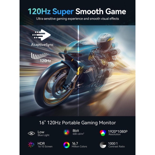 UPERFECT 16" 120Hz Portable Gaming Monitor with HDR, 400 Nits, 1080P IPS, Ultra-Slim Aluminum Design, VESA & Smart Cover - Ultimate Travel Companion