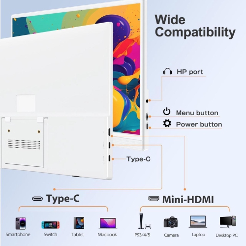 UPERFECT 15.6" Lightweight White Portable Monitor with USB-C, HDMI & Built-in Stand - 1080P External Laptop Screen
