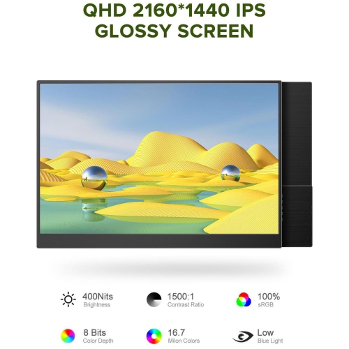 UPERFECT 14" 2K Portable Monitor 2160*1440 HDMI USB C Display FHD 1500:1 Screen For Laptop PC and Game Xbox PS