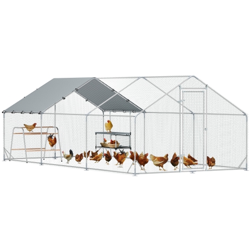 PawHut – Grande poule en métal, 9,8 x 19,7 x 6.4&nbsp;pi Promenade de poulets pour la cour avec couvercle étanche, Maison en toit araignée avec boîte