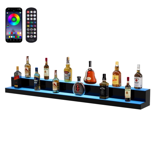 VEVOR 2 Tiers LED Lighted Liquor Bottle Display, 60 Inch Commercial Illuminated Home Bar Shelf, 2 Steps Whiskey Rack Stand, Acrylic Drink Shelves