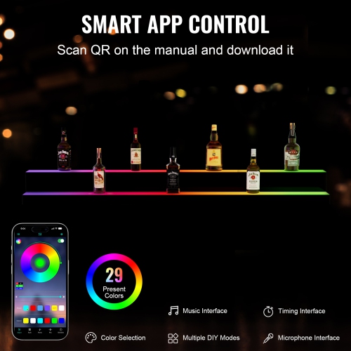 VEVOR 2 Tiers LED Lighted Liquor Bottle Display, 60 Inch Commercial Illuminated Home Bar Shelf, 2 Steps Whiskey Rack Stand, Acrylic Drink Shelves