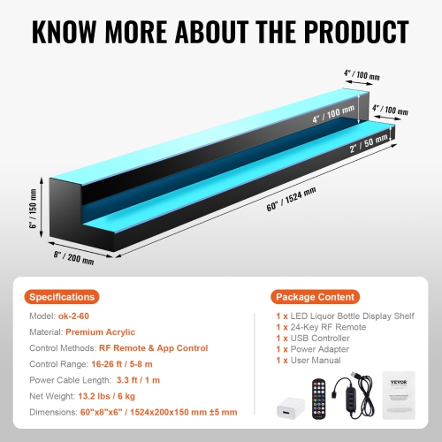 VEVOR 2 Tiers LED Lighted Liquor Bottle Display, 60 Inch Commercial Illuminated Home Bar Shelf, 2 Steps Whiskey Rack Stand, Acrylic Drink Shelves