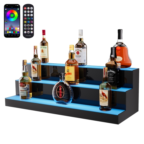 VEVOR 3 Tiers LED Lighted Liquor Bottle Display, 30 Inch Commercial Illuminated Home Bar Shelf, 3 Steps Whiskey Rack Stand, Acrylic Drink Shelves