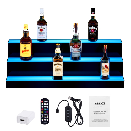 VEVOR 3 Tiers LED Lighted Liquor Bottle Display, 30 Inch Commercial Illuminated Home Bar Shelf, 3 Steps Whiskey Rack Stand, Acrylic Drink Shelves