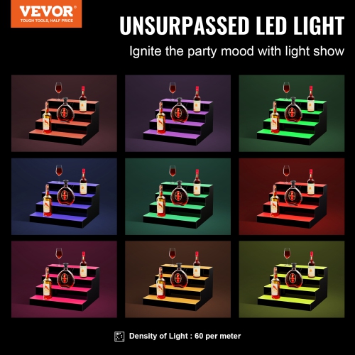 VEVOR 4 Tiers LED Lighted Liquor Bottle Display, 16 Inch Commercial Illuminated Home Bar Shelf, 4 Steps Whiskey Rack Stand, Acrylic Drink Shelves